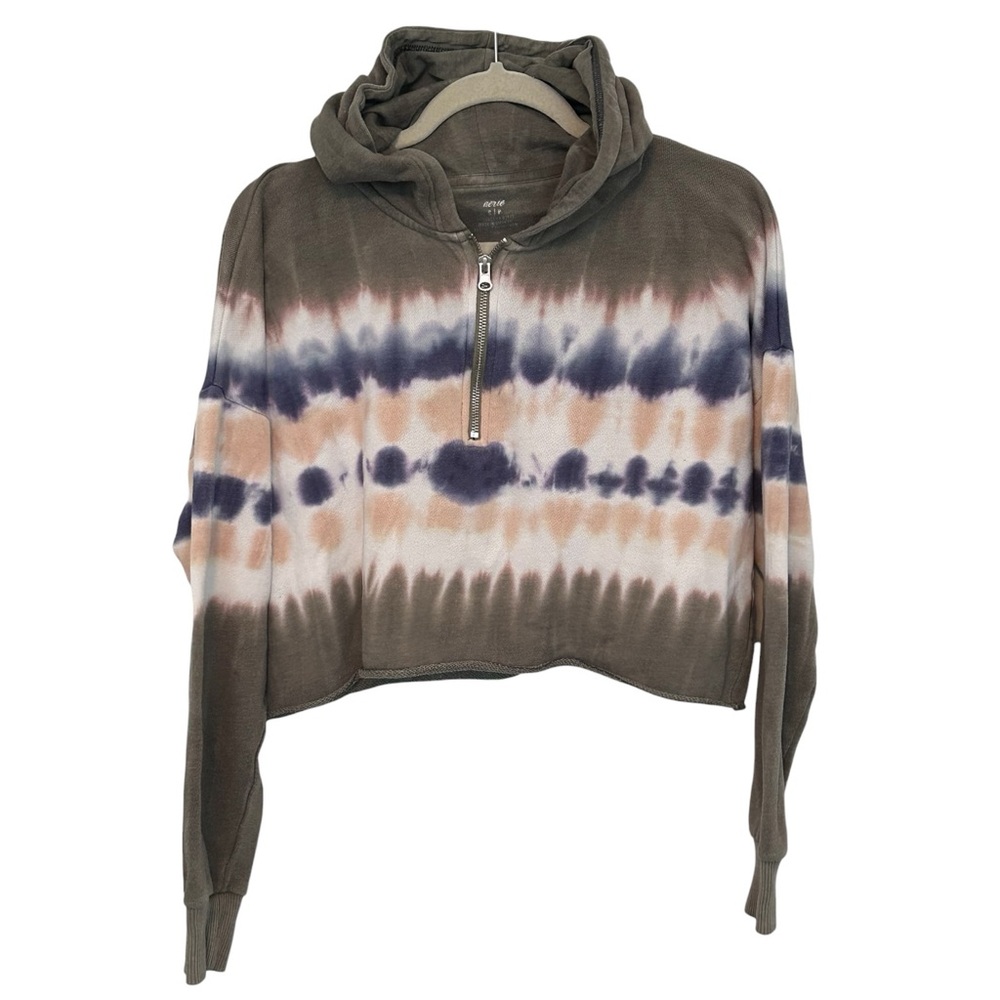 aerie Cropped Tie-Dye Half-Zip Hoodie in‎ Olive, Navy & Cream Sz S